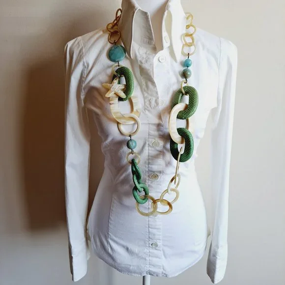 AMLE Italian Long Horn Green Chain Necklace with Python skin - Picture 3 of 16